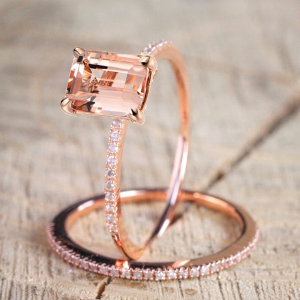 2Pcs Ring/Set Rose Gold White Crystal Zirconia